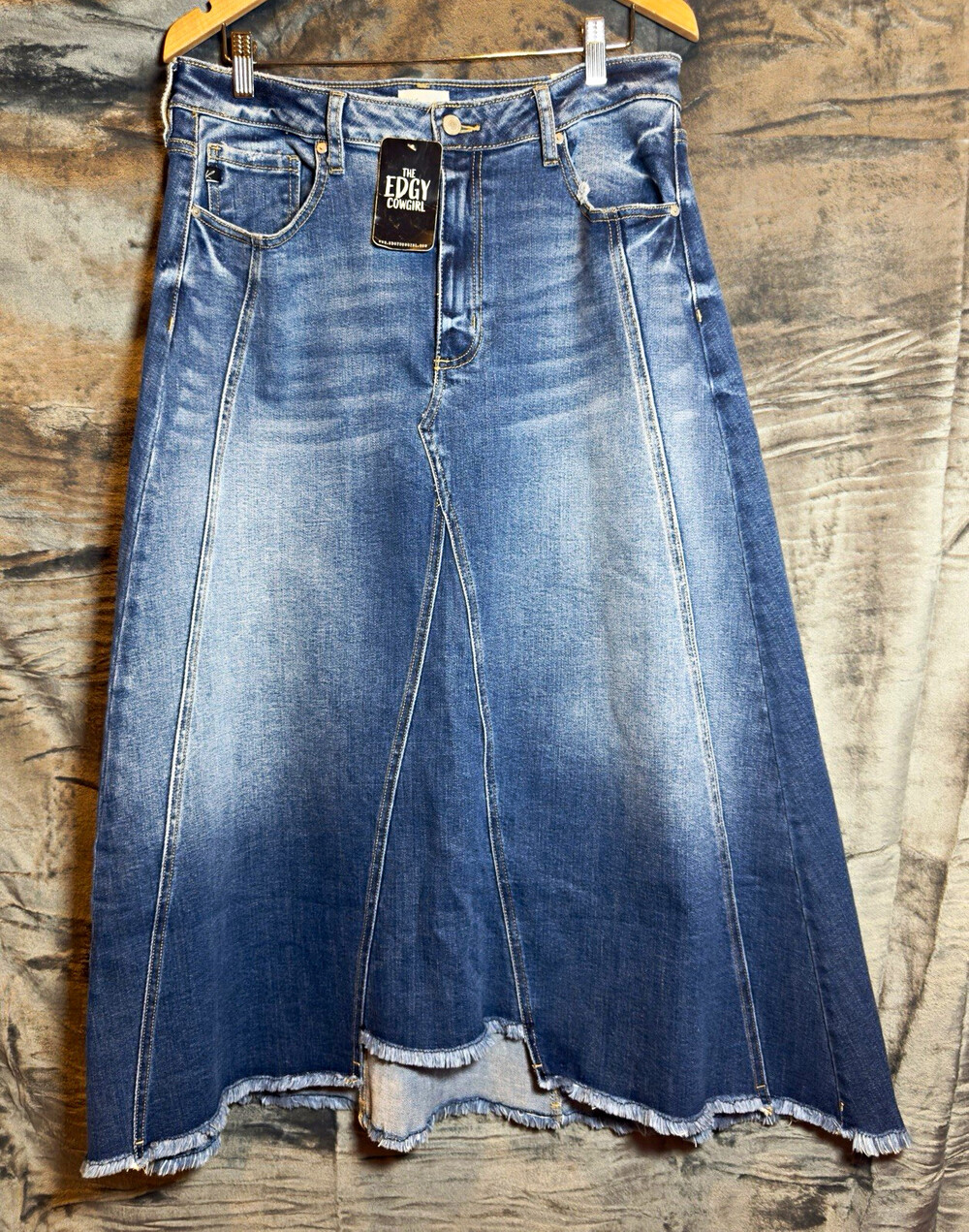 KanCan Women's Blue Denim Maxi Skirt High Rise Stretch Frayed Hem 15/31 KC70062D